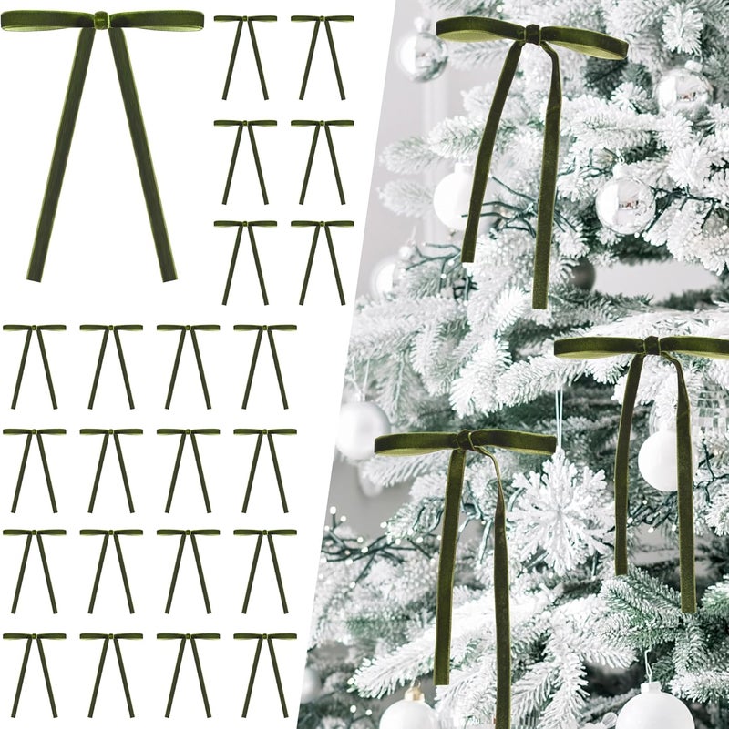 Lavwix 40Pcs Velvet Ribbon Bows, 5x7 Inch Pre-Tied Bows Christmas Ornaments for Xmas Tree, Garland, Wreath, Gift and Holiday Home Décor (5 x 7 Inch, Width of 3/8", Olive Green) - Image 1
